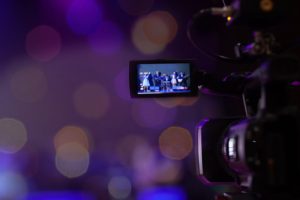 Soft and Blur focus camera show viewfinder image catch motion in interview or broadcast wedding ceremony, Video Cinema From camera. video cinema production on Bokeh background