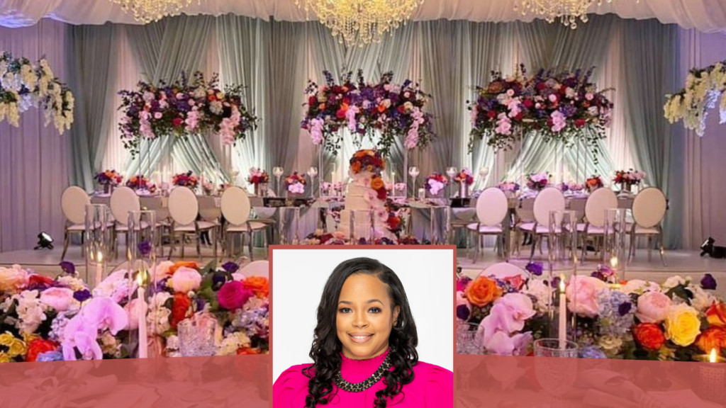 Dream Celebrations event space display with photo of owner, Meisha Pigford.